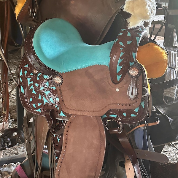Selle Western Wade En Cuir Sculpté - Taille Cheval De Trait - Neuf - Inde