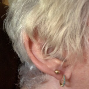Turquoise Hoop Bezel Earrings •  turquoise small hoop earrings • gold milgrain hoop earrings • turquoise gemstone huggie hoop earrings photo