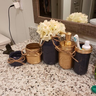 Navy Bathroom Decor, Navy and Gray Mason Jar Bathroom Set, Mason Jar ...