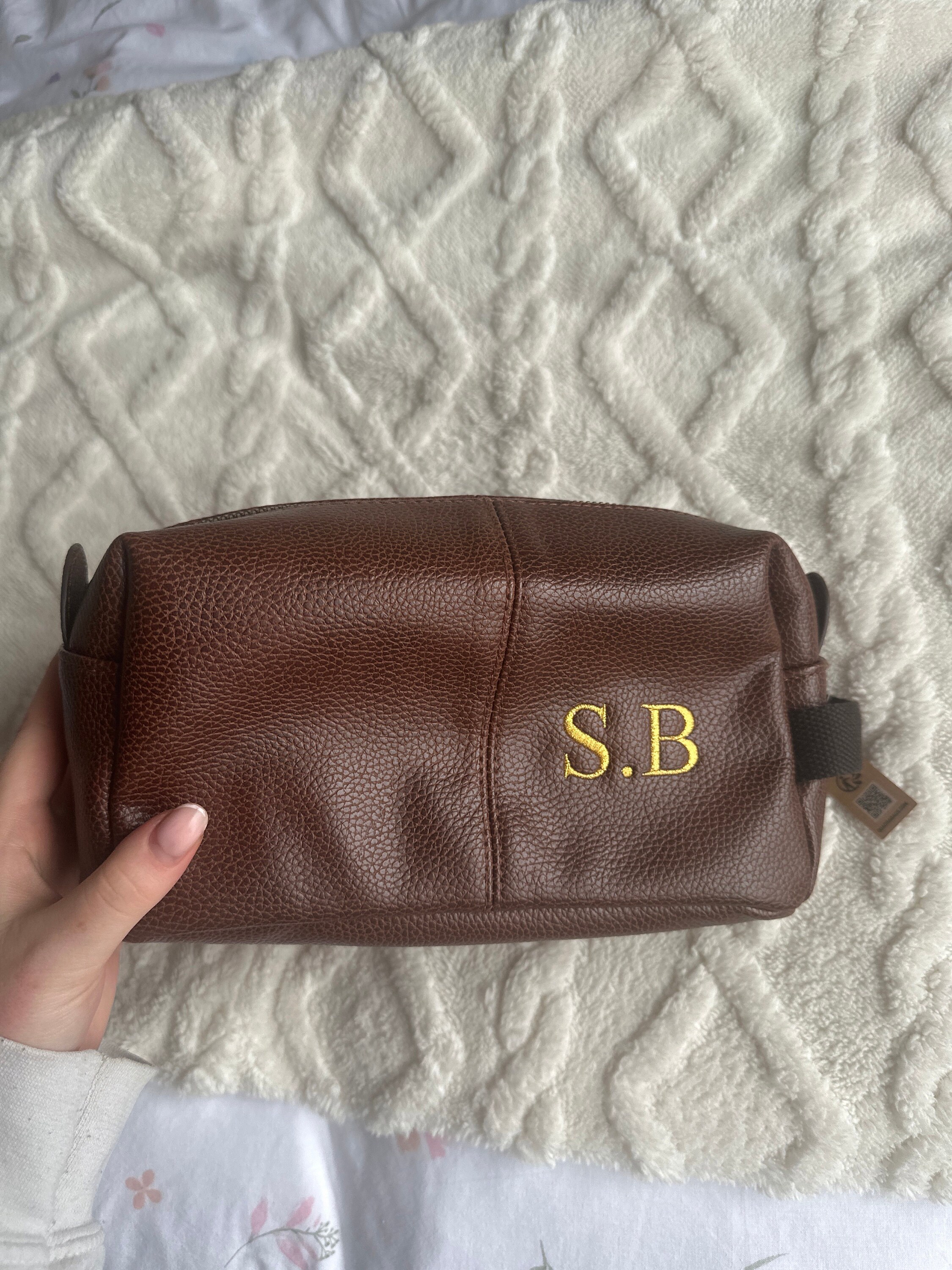 Personalised Embroidered Mens Leather Wash Bag with Strap Black or Brown - Mens Vegan Leather Toilet Bag Embroidered with Initials