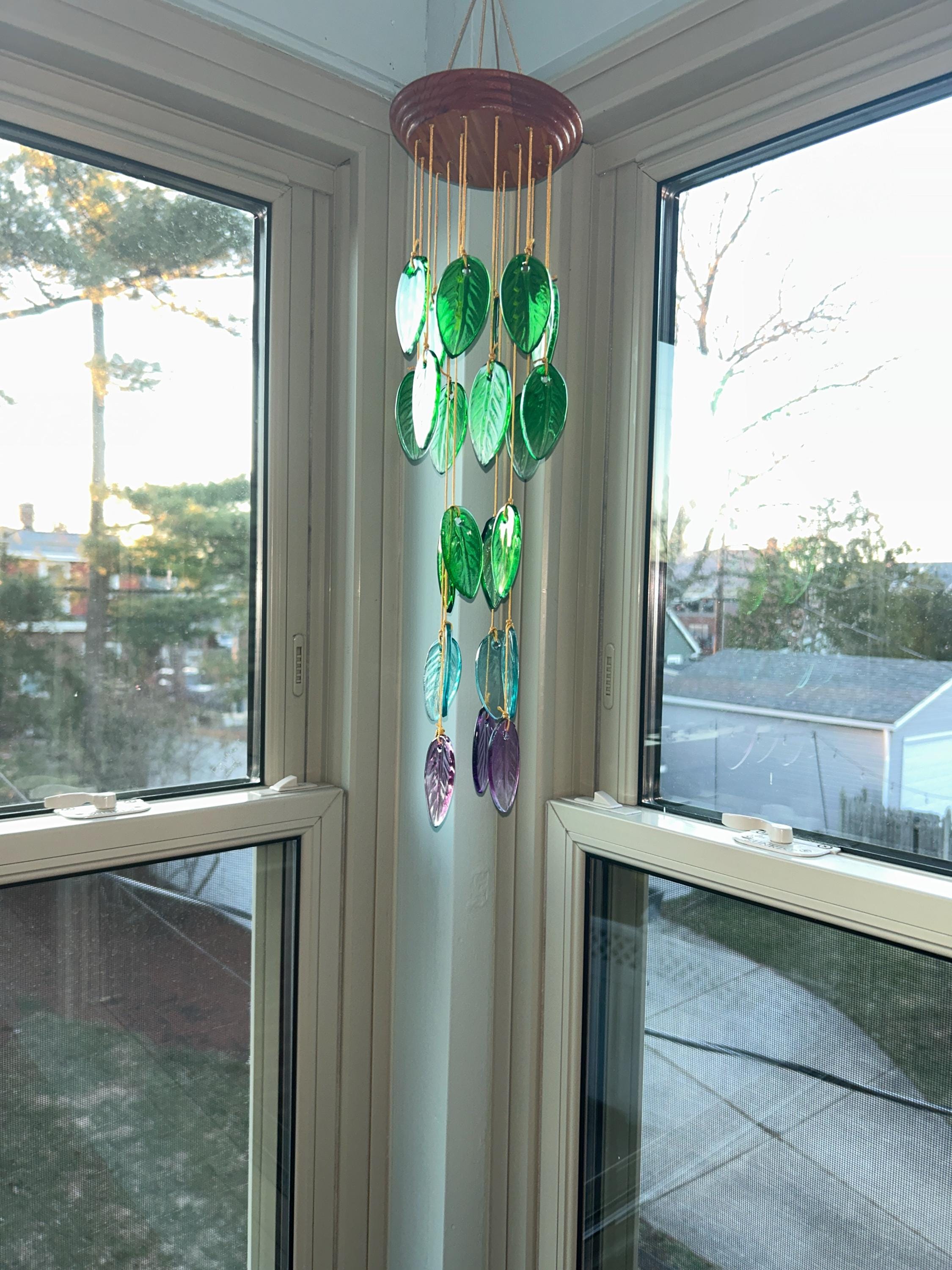 Rainbow colored Glass Leaves Wind Chime, Free Shipping.  Personalized Card on Request. Gift for  Mother. Father, Mom or Friend. Upcycle Art.