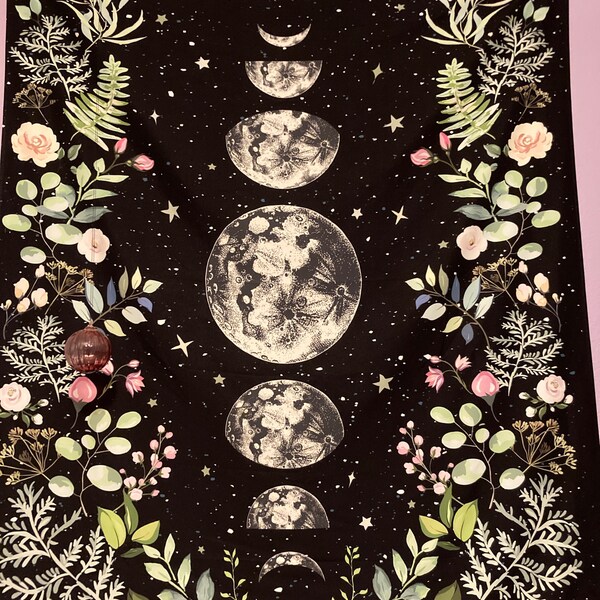 Moonlit Garden Tapestry Moon Phases Wall Hanging Floral Lunar Night Sky ...