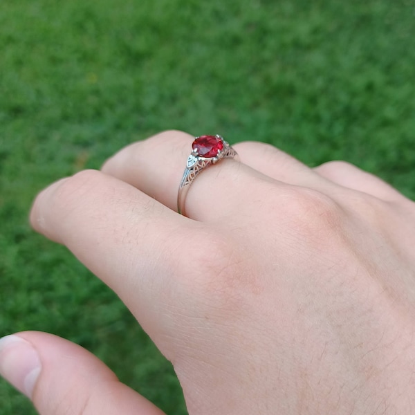 Ruby Red Ring/ Sterling Silver/ 2ct Round Cut Red Gem, Victorian Knight ...
