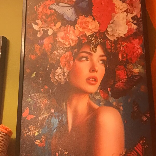 Floral Butterfly Woman Portrait Art, Colorful Nature-inspired Canvas ...