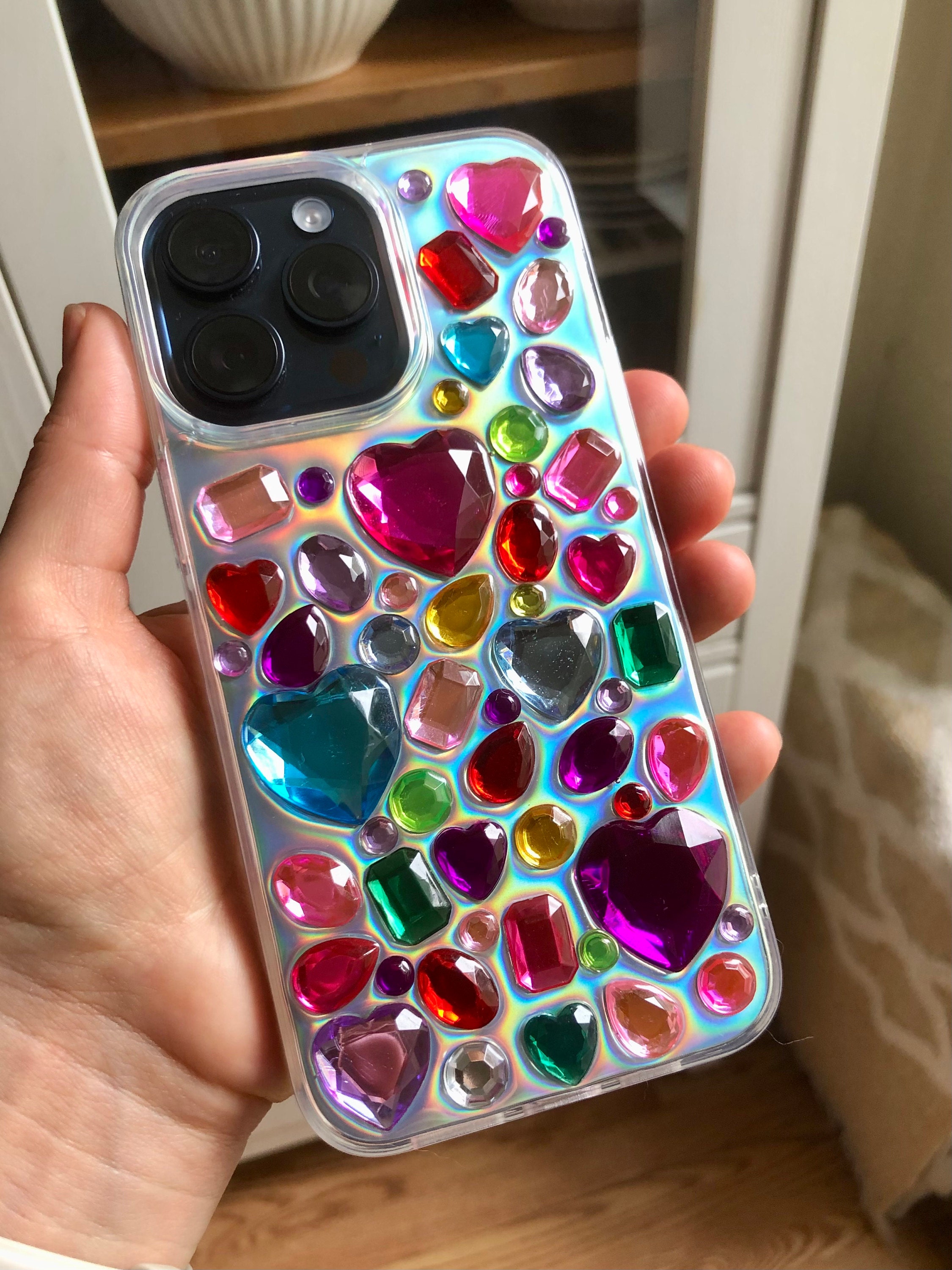 Bling Rhinestone 3D Phone Case, Holographic Insert Phone Case, Glitter iPhone Case, Hearts Phone Case for iPhone 12/13/14/15 Pro Max, Galaxy