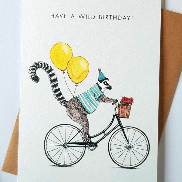 Have A Wild Birthday Lemur Greetings Card, Bicycle Card - Etsy