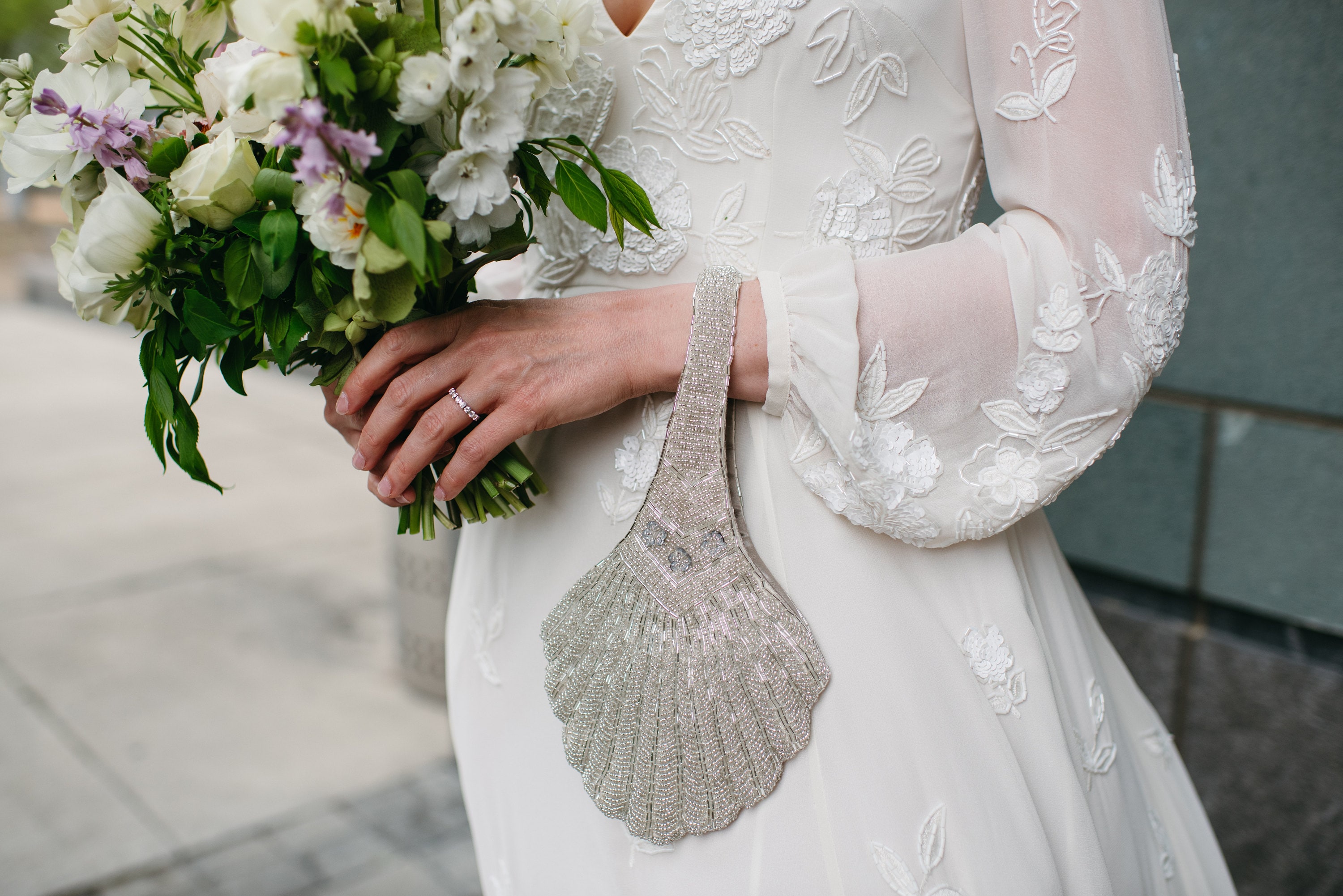 Bridal Clutch, Wedding Clutch, Shell Shaped Beaded Wristlet,Couture Silver Bead Bag,Art Deco Bride Purse,Designer Statement Piece