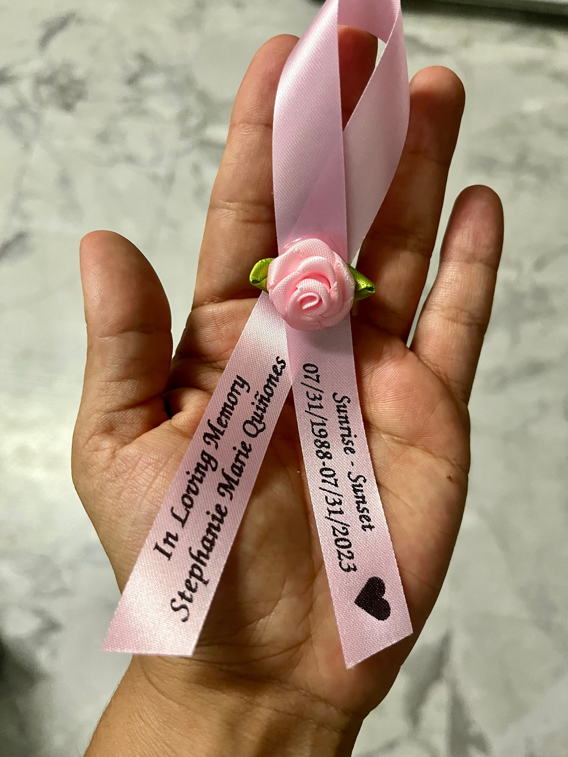 Personalized Memorial Ribbons with Pins for Funeral or Celebration of Life Assembled Fundraiser Awareness Ribbon - Rose Center Decoration
