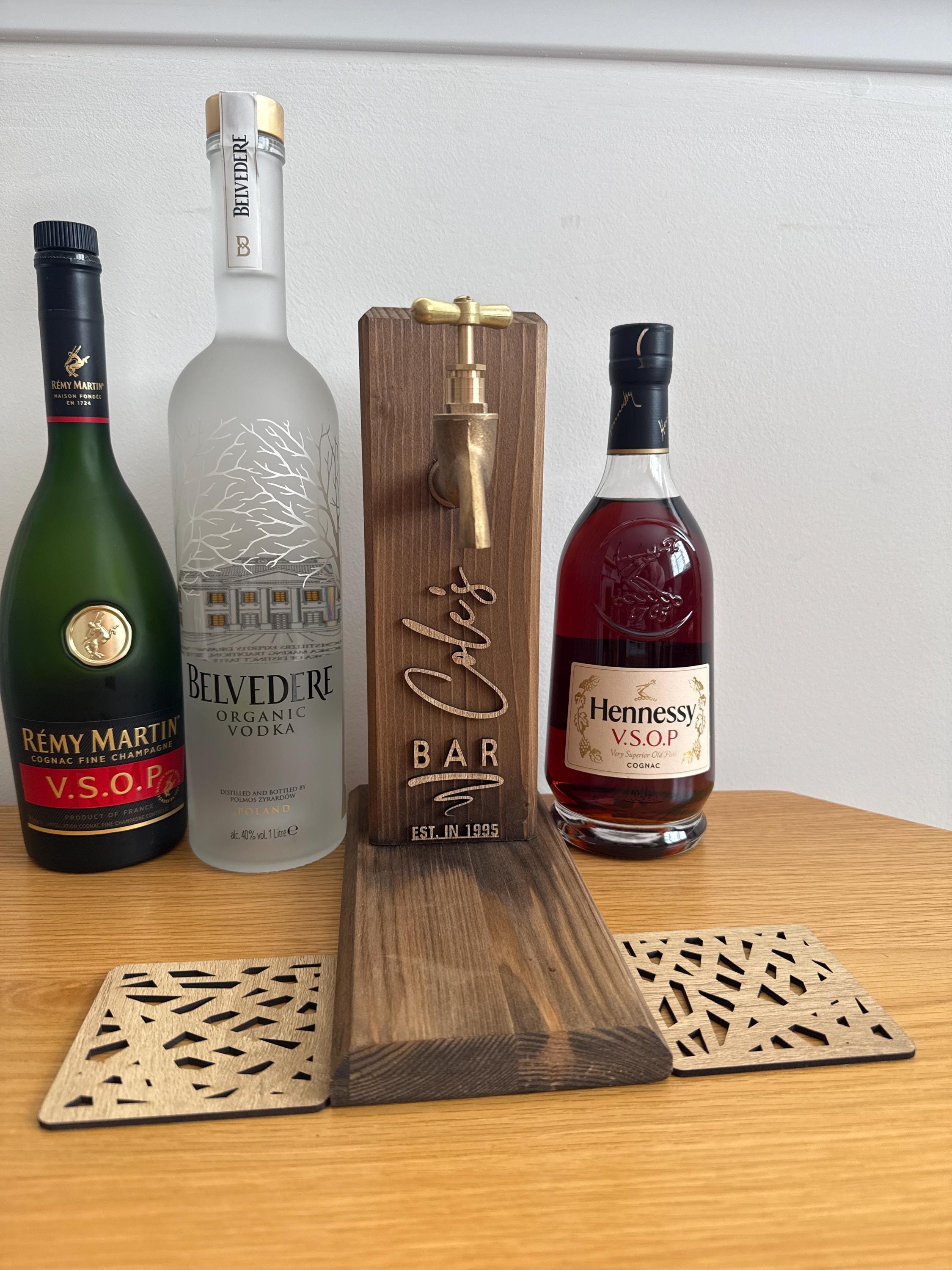 Personalized Embossed Named Wooden Whiskey Dispenser and Wood Coasters Set, Bar, Pub, Wine, Vodka, Liquor Dispenser, Wood Whiskey Fountain