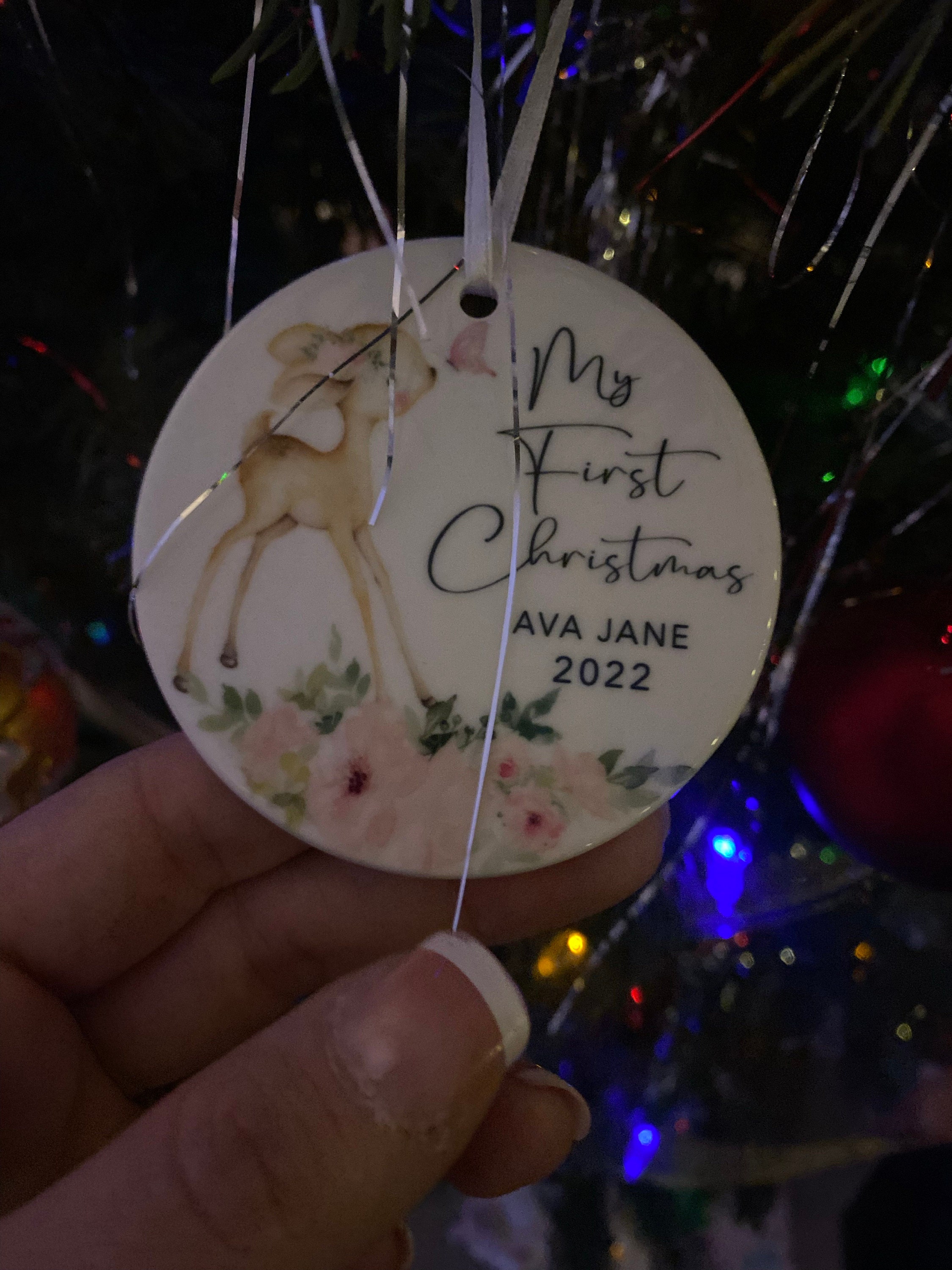 Baby&#39;s First Christmas Ornament - Personalized Baby Girl Deer Christmas Ornament