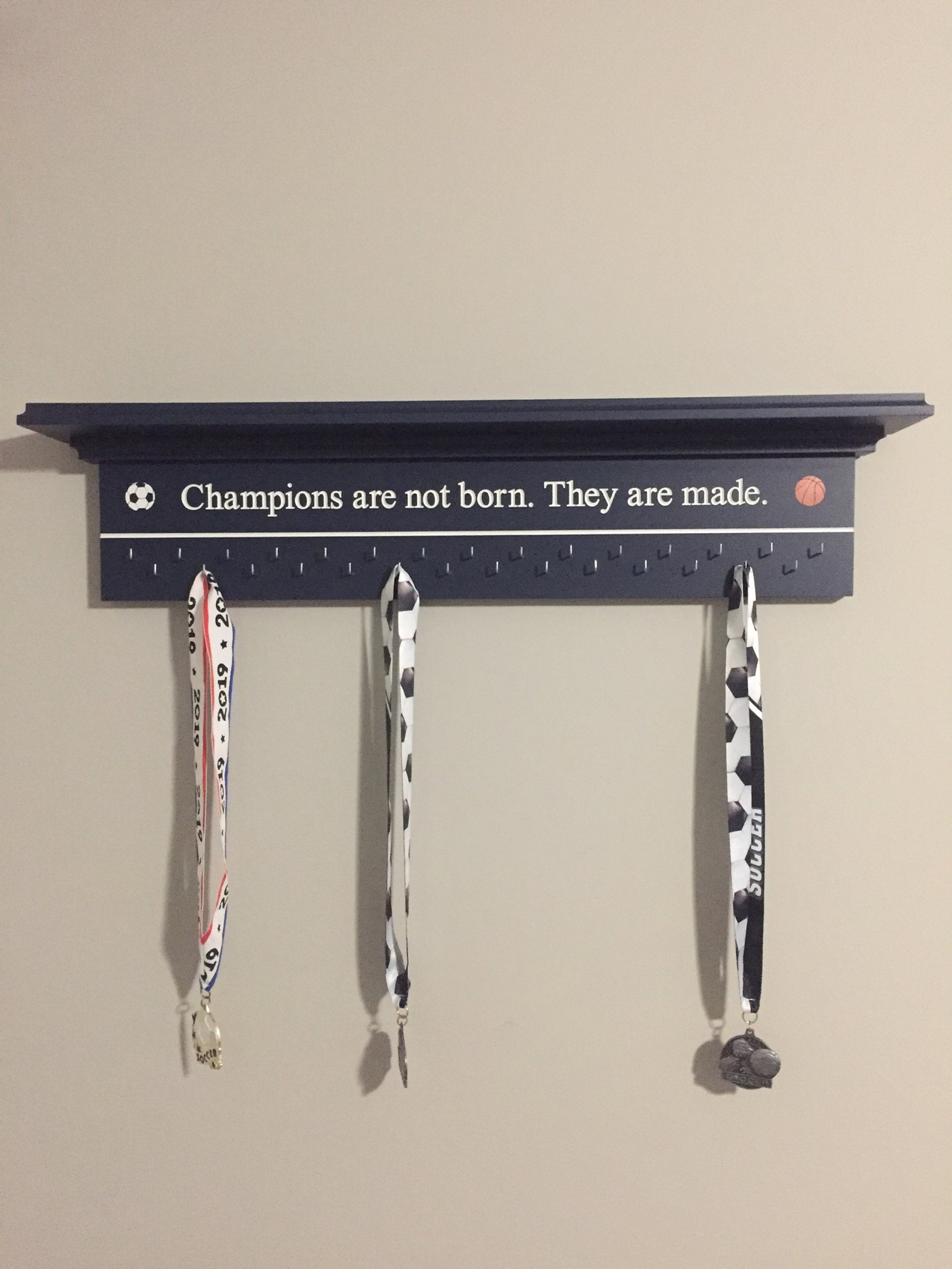Medal Holder Champions Engraved Trophy Shelf Ribbon Holder Medal Hanger Award Display Personalized gift Trophy Rack Sports Award Display 30"