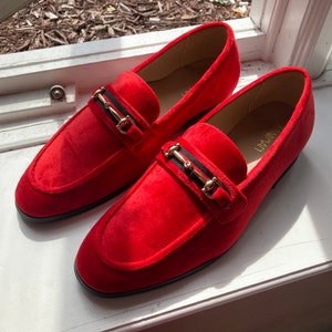 Men s Red Velvet Slip on Gold Buckle Dress Shoes Loafers Formal by
