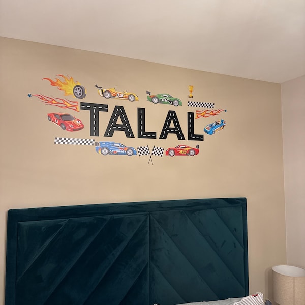 Race Cars Wall Decal for Boys Room - Custom Name Car Bedroom Decor ...