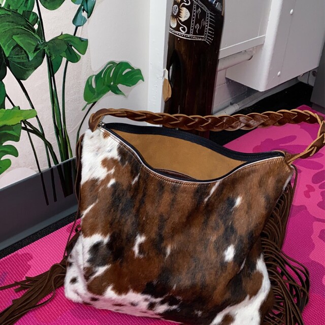 Cowhide Leather Bag With Fringe, Tricolor Hobo Shoulder Bag
