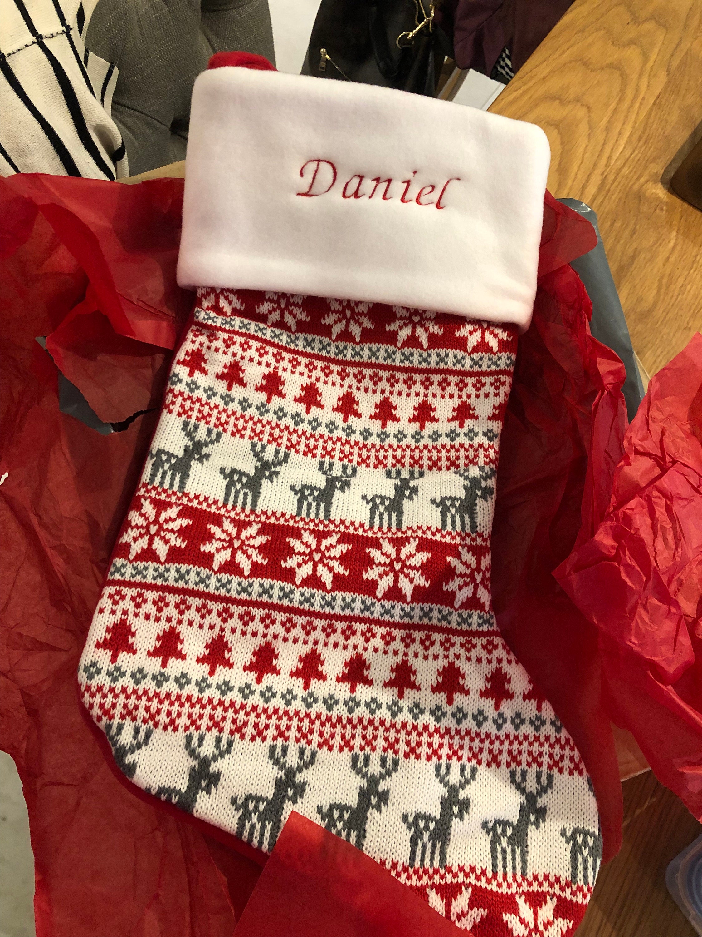 Fairisle Red Stocking - Personalized Christmas Stocking - Reindeer Stocking - Christmas Decor - Kids Christmas Stocking - Monogram Stocki