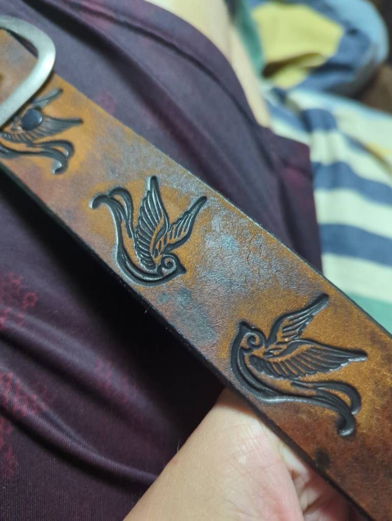 Leather Belt Sparrow Vintage Aged Leather belt - embossed sparrow snap belt  Handmade in USA Groomsmen Wedding Swallow Bird Tattoo Flash Art