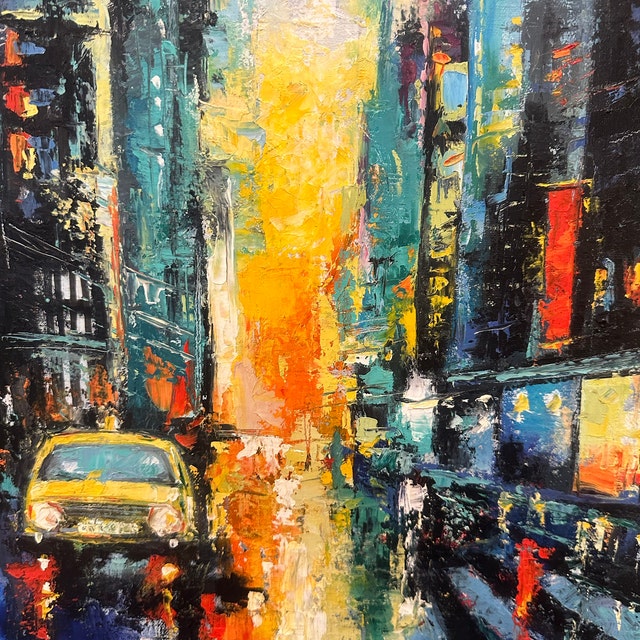New York Oil Painting Night Cityscape Original Art Canvas