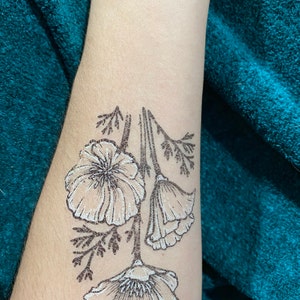 Tatuaje temporal de flor de amapola, amapola dorada, diseño de