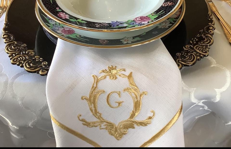 Personalized Embroidered Elegant Table Linen; Antique Rococo Monogram Embroidered Napkins, Placemats, Runner; Dinner and Wedding Table Decor