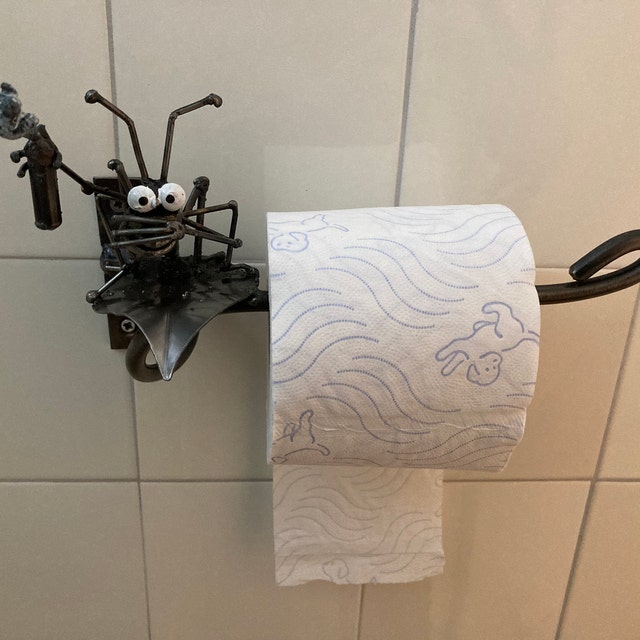 Dog Toilet Roll Holder With Dog Sitting on Toilet 