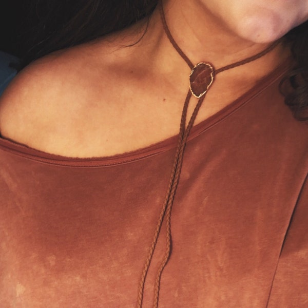 Gold Bolo Tie Bee Bug Flower Pendant Vegan Leather Handmade
