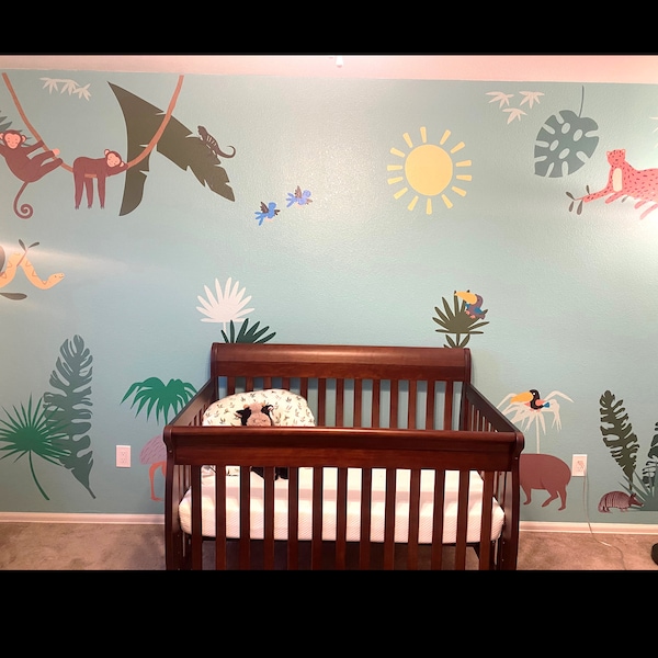 Kids Room Decals, Jungle Animals Wall Mural – Tropical Rainforest Peel ...