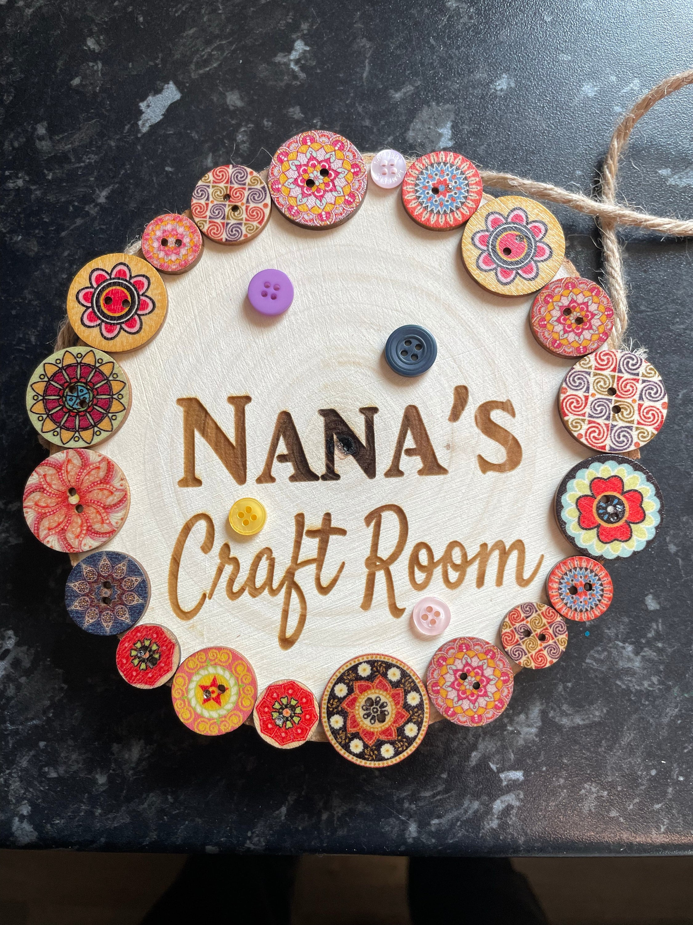 Personalised Room Name Logs Engraved Craft Room Plaque with Buttons Wooden Log Sign Hung with Twine Customised to your Words!