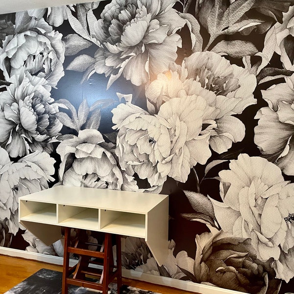 Black and White Peonies, Peel and Stick Wallpaper, Removable Watercolor