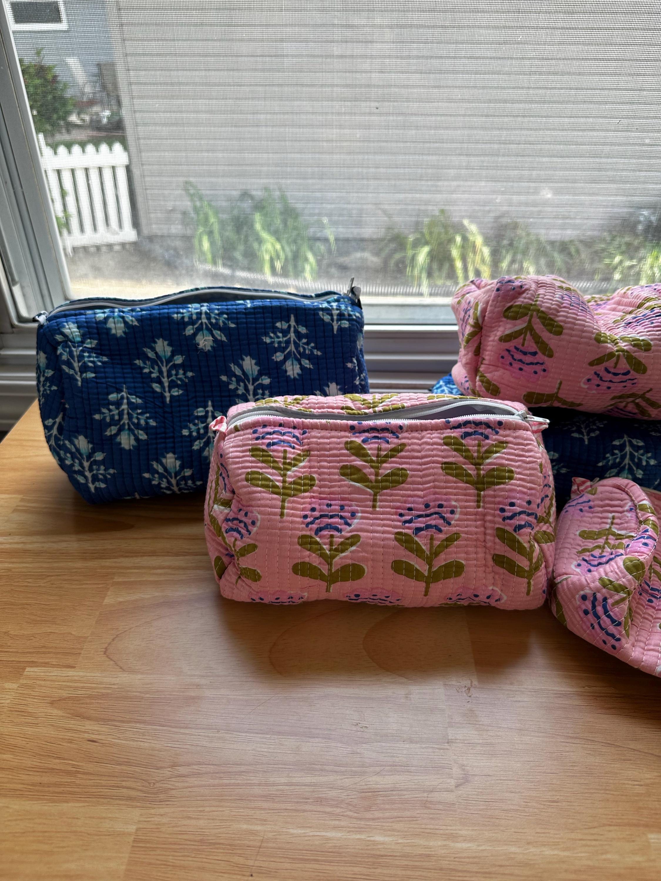 Personalized Block Pattern Floral Makeup Bag Custom Gift Bridesmaid Gifts Embroidered Quilted Toiletry Pouch Travel Cosmetic Case Gift