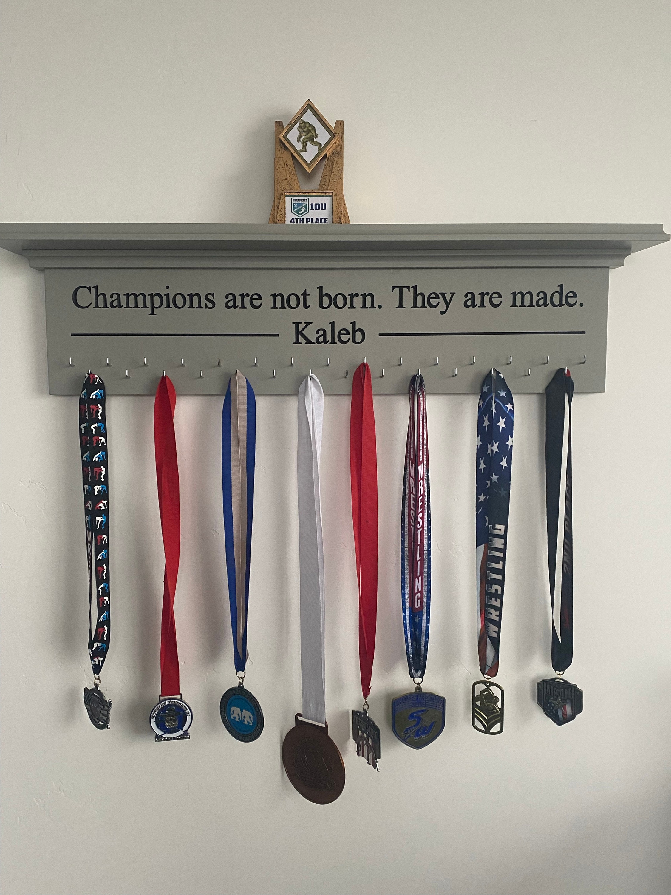 Medal Holder Champions Engraved Trophy Shelf Ribbon Holder Medal Hanger Award Display Personalized gift Trophy Rack Sports Award Display 30"