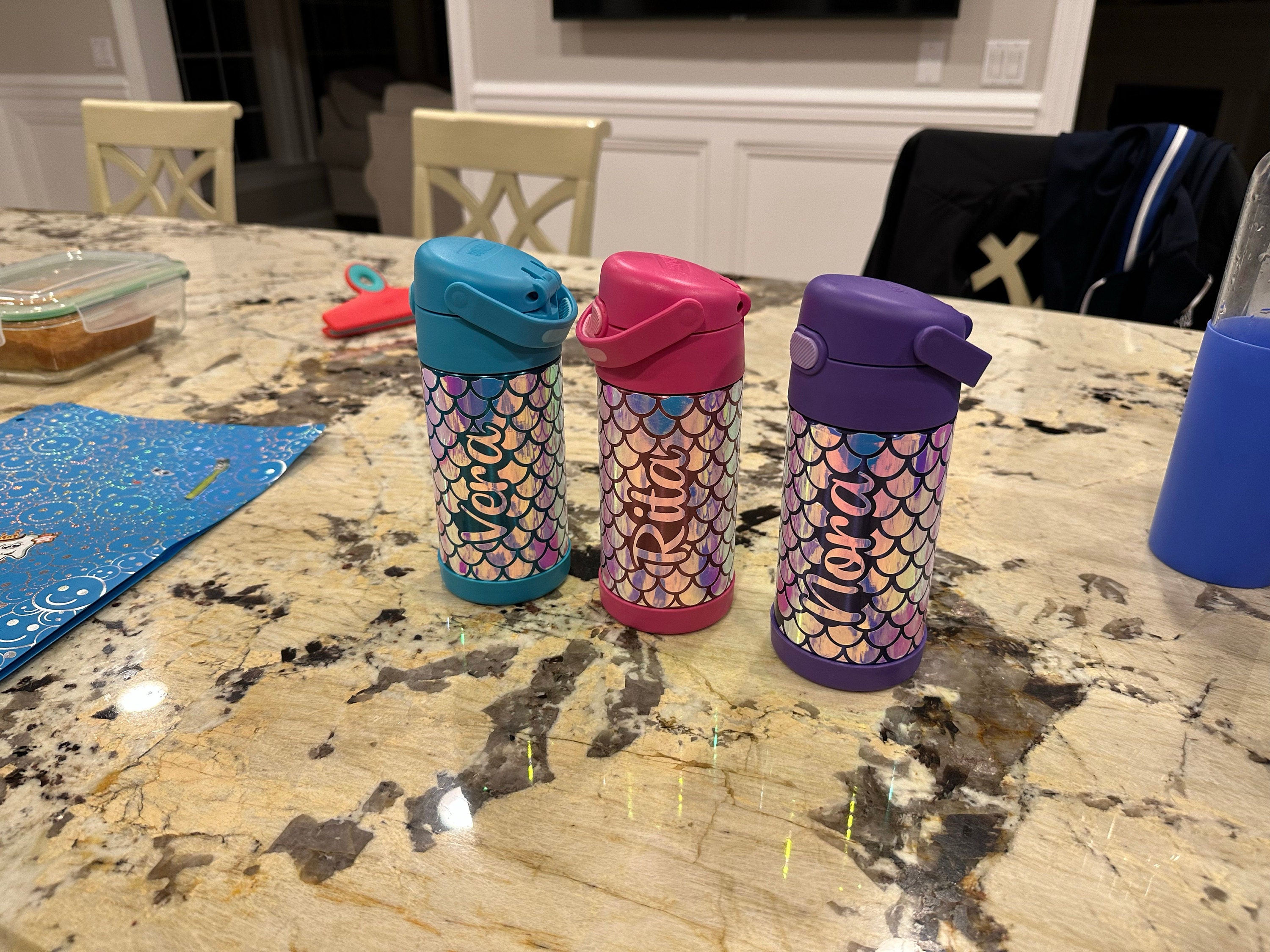 Insulated Kids Water Bottle, Personalized Mermaid Water Bottle, back to school, custom holographic mermaid print with name, straw and lid