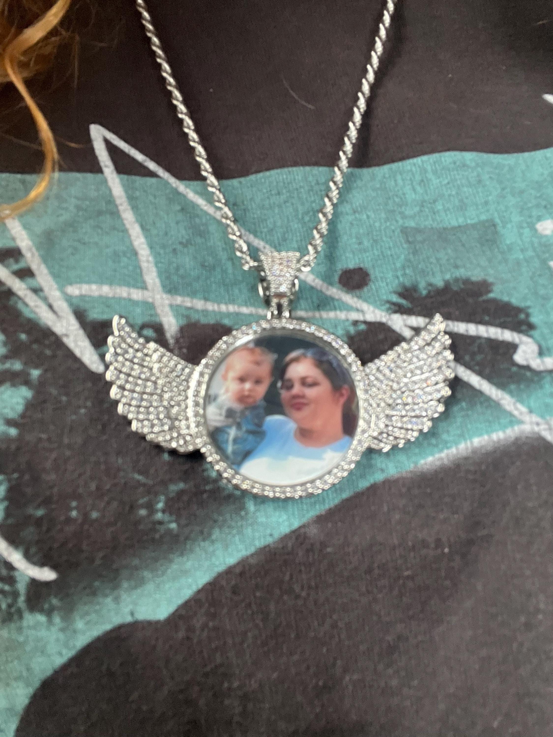 Personalized Diamond Studded Angel Wings Photo Necklace, Photo Necklace, Hip Hop Photo Pendant, Iced Custom Round Photo Pendant
