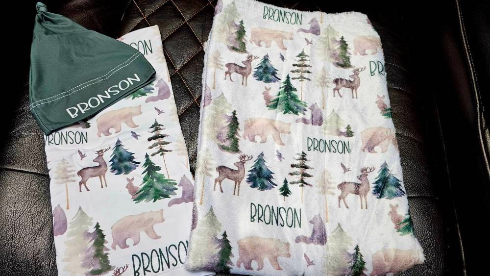 Personalized Woodland Blanket Hat Set -Custom Baby Shower Gift Hospital Name Announcement -Personalized Buck Bear Baby Blanket - SW547