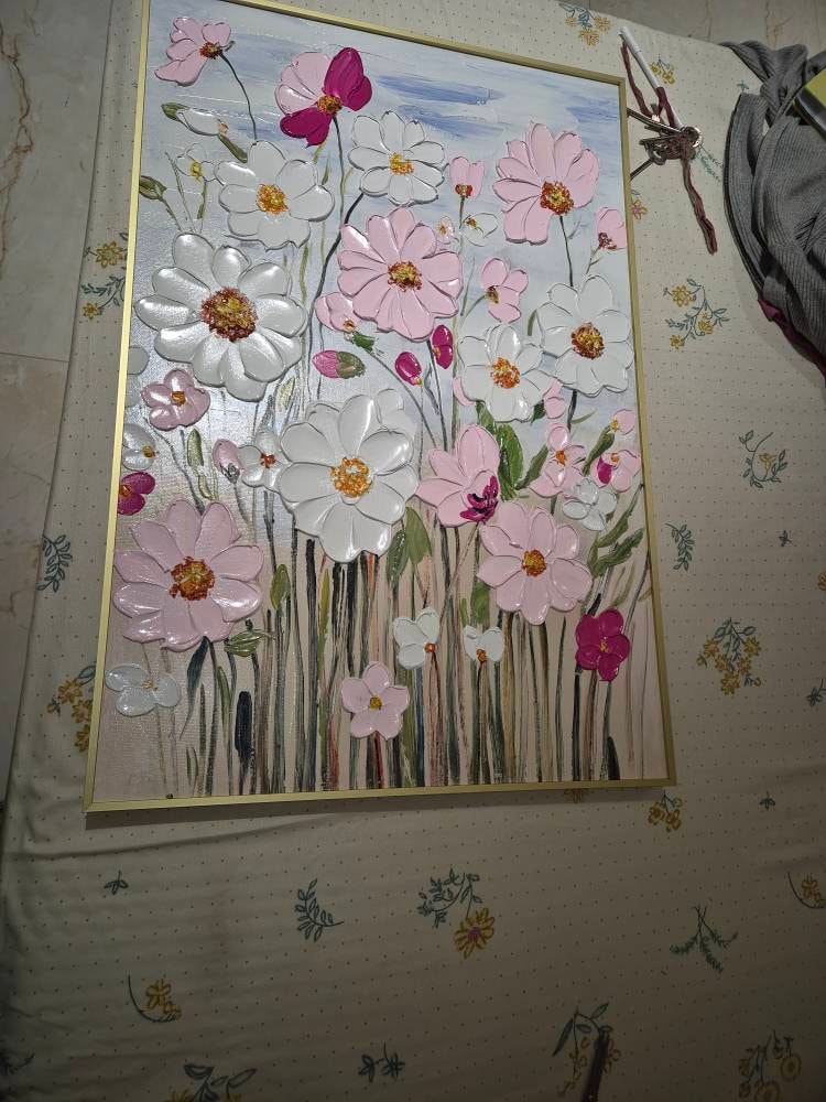 Original Flower Painting on Canvas 3DTextured Floral Wall Art,pink customd painting for Living Room home decor personalized gifts Fancy Art