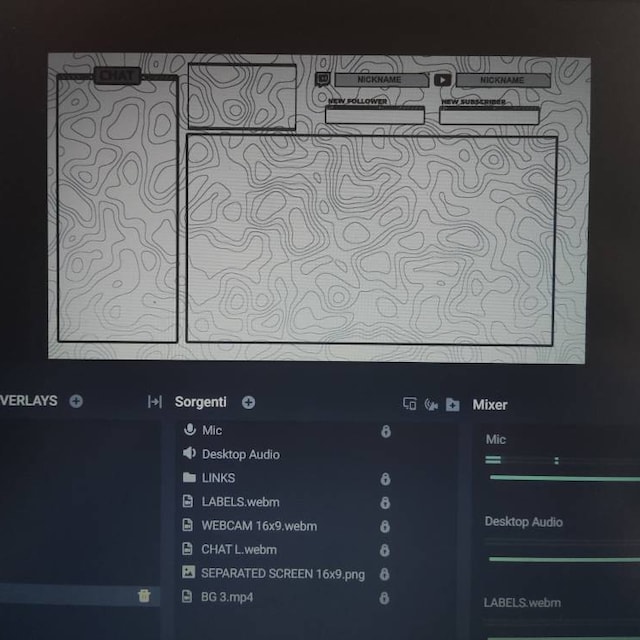 Animated DARK Stream overlays package for Twitch, Youtube, OBS, Streamlabs in topographic dark style