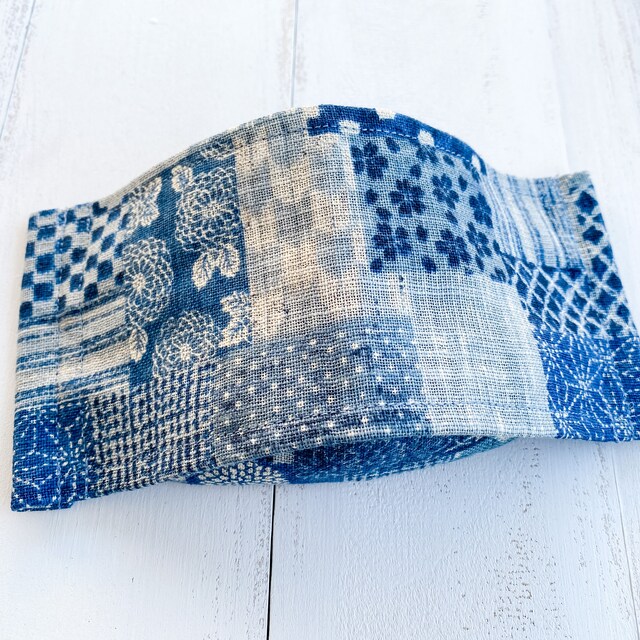 りんご　1117 Sevenberry Boro Patchwork in Blue Japanese Cotton Fabric