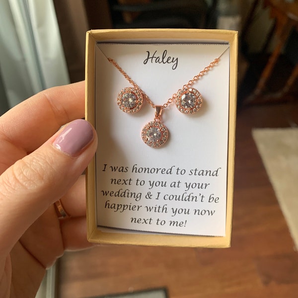 A+O Bridesmaid Gift Set - Cubic Zirconia Earrings & Necklace In Gold, 7mm, Lead & Nickel Free