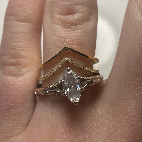 Set of 2: Curved Stacking Ring Set • Diamond Chevron Ring, Thin Gold ...