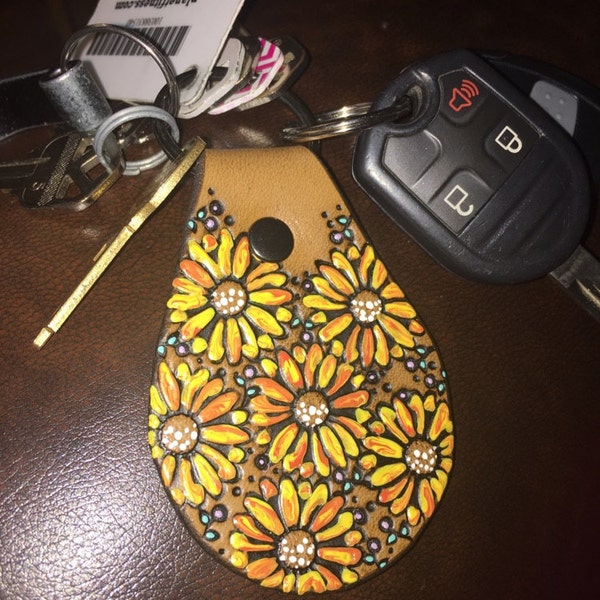 Custom Initial Leather Key Ring - Fall Sunflowers - Hand Painted Autumn ...