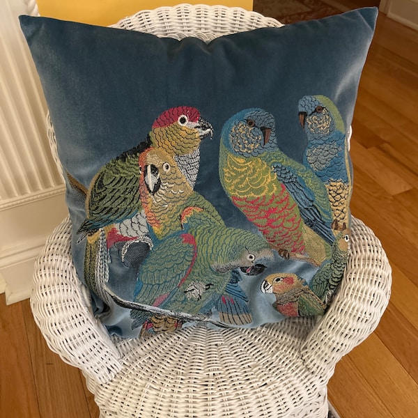 5 Colors! Embroidered Parrots on Velvet - Vibrant Throw Pillow Cover With Colorful Parrots ...