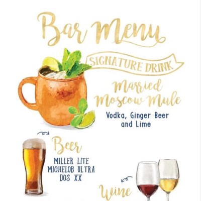 Digital Printable Wedding Bar Menu Sign, Watercolor Wedding Bar Menu ...