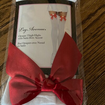 BOW THIGH HIGH Stockings, Opaque White With Red Satin Bows, Schoolgirl ...