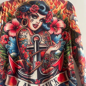 Lady Luck Tattoo Mesh See Thru Top Blouse Second Skin Tight Shirt