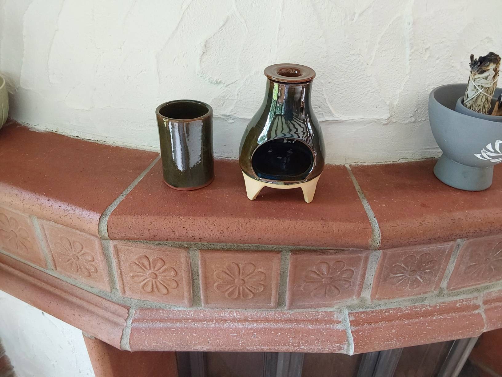 OlaKala Mid-Century Troyan Green Glazed Incense Burner Palo Santo Burner Handmade Footed Oil Burner Modern Chimney MeditationTeaLight Holder