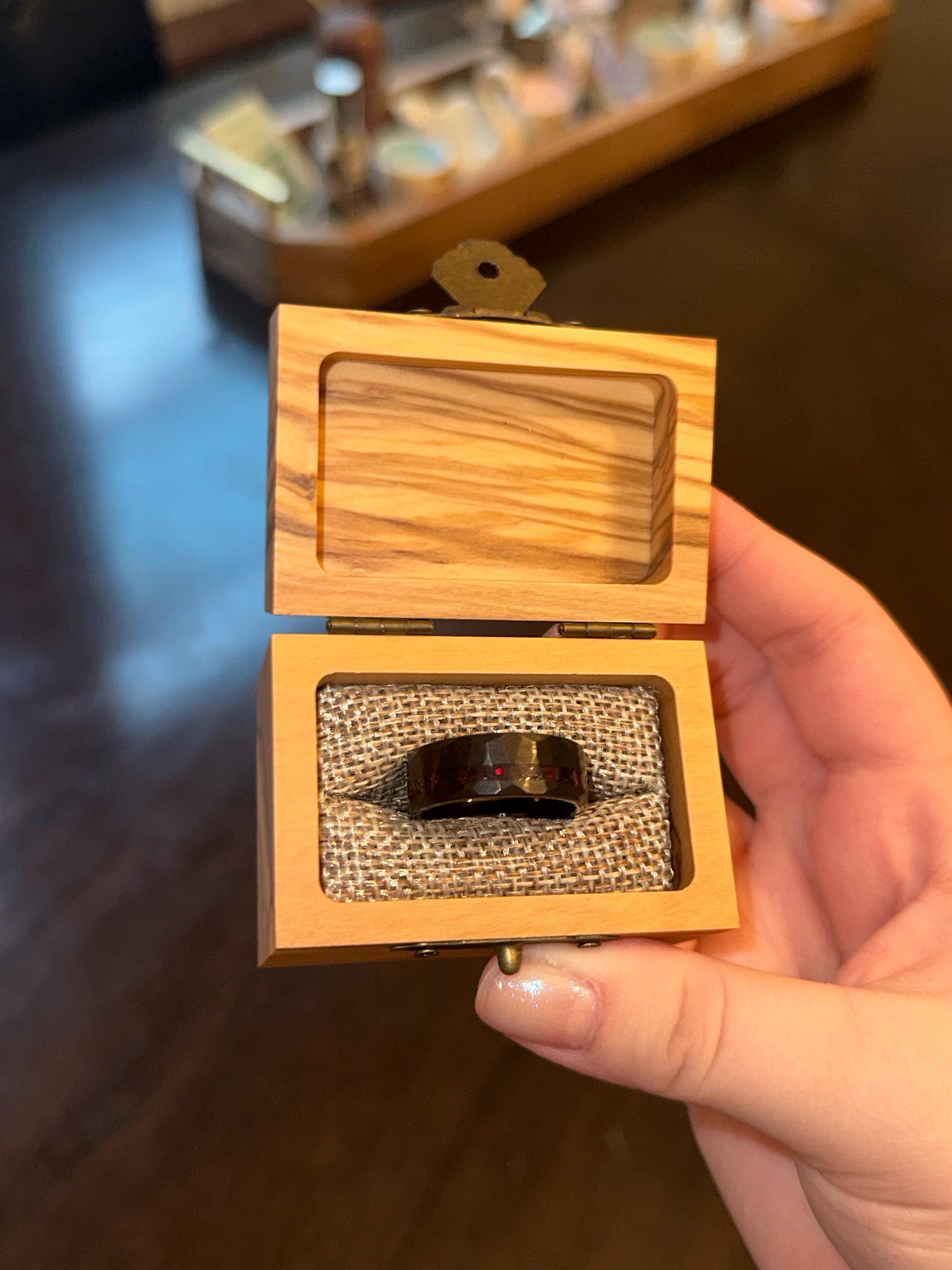 Black Hammered Wedding Band, Tungsten Ring With Red Opal Inlay, Unique Mens Ring, Crushed Red Opal Meteorite Band, Engagement or Gift 8mm