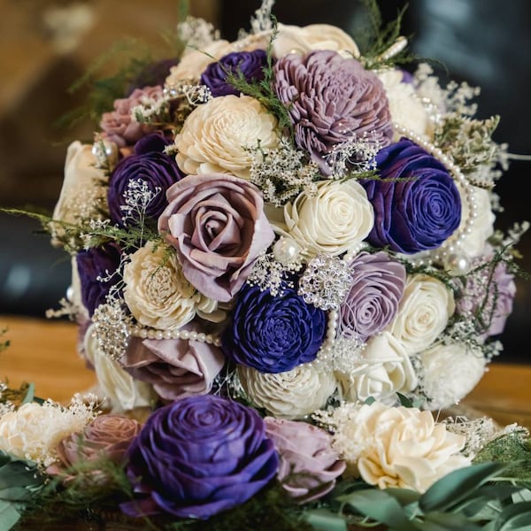 Dark Purple Sola Wood Flower Bouquet, Plum Wooden Bouquet, Bride ...