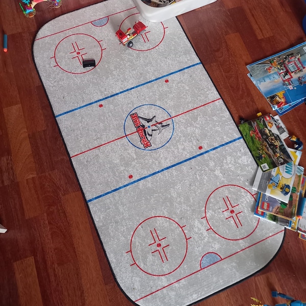 Ice Hockey Rink Printed Area Rug With Custom Team Logo • Washable Ice ...