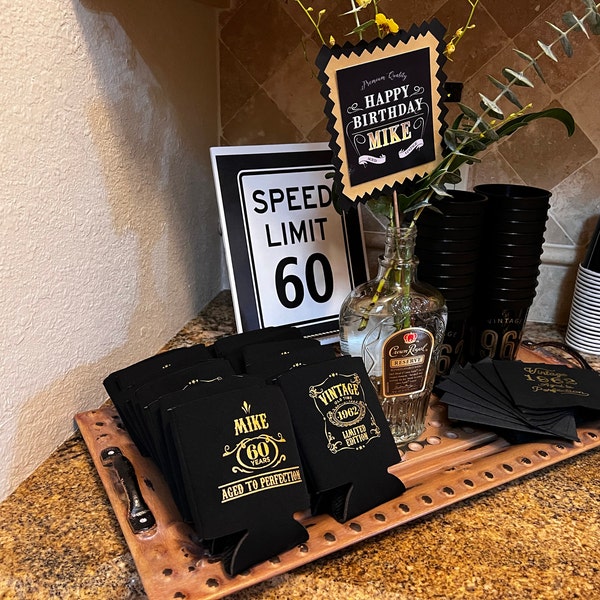 Personalized Birthday Can Coolers - Bulk 70-Pack, Custom Photo/Name/Year, Black & Gold