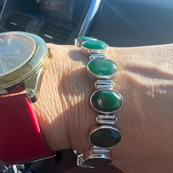 Handmade Zambian Emerald Bracelet: 925 Sterling Silver Adjustable Chain ...