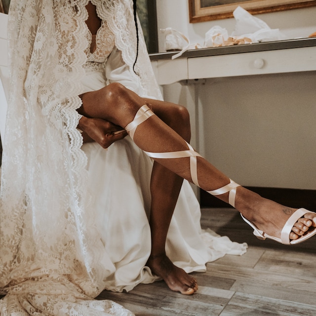 Champagne Satin Flat Sandal With Ballerina Lace Up, Bridesmaid